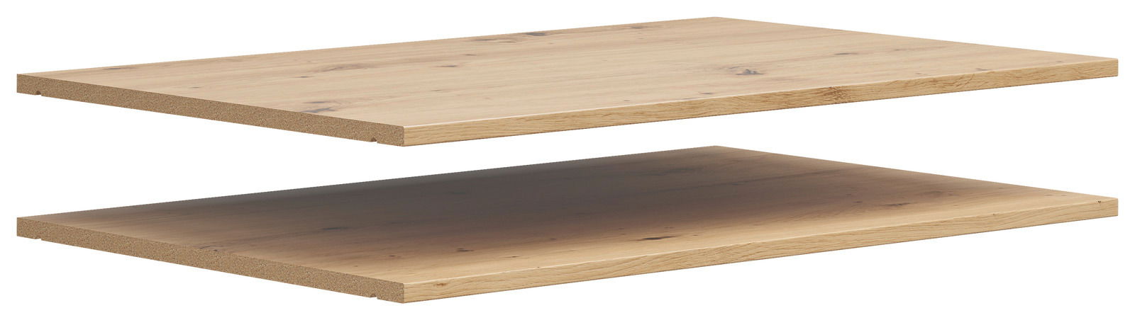 Zwei Holz-Einlegeböden in natürlicher Holzoptik, seitliche Perspektive