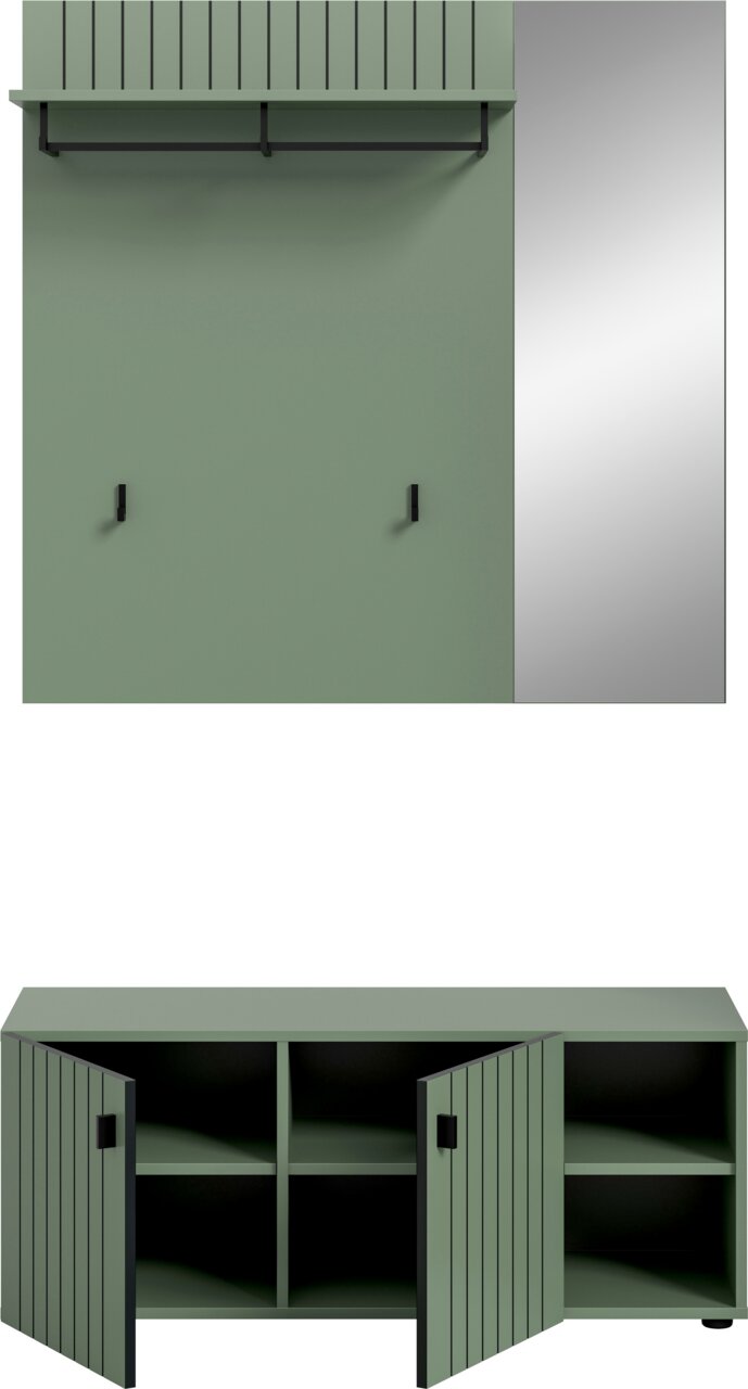 Grünes Sideboard mit geriffelter Front, zwei geöffneten Türen und mehreren Regalfächern, Frontalansicht