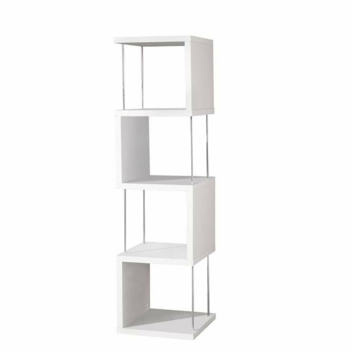 Weißes Standregal mit vier offenen Fächern, seitliche Perspektive