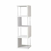 Weißes Standregal mit vier offenen Fächern, seitliche Perspektive