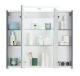 Geöffneter Spiegelschrank mit mehreren Regalböden, gefüllt mit verschiedenen Pflegeprodukten und Accessoires, frontal betrachtet.