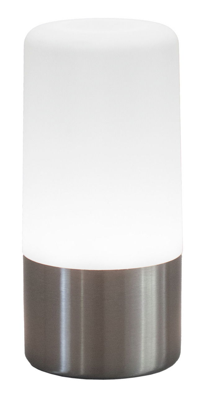 New Garden Akku-Tischleuchte MAIA Akku-Tischleuchte MAIA in zylindrischer Form mit weißem Lampenschirm und metallischem Sockel, Frontalansicht