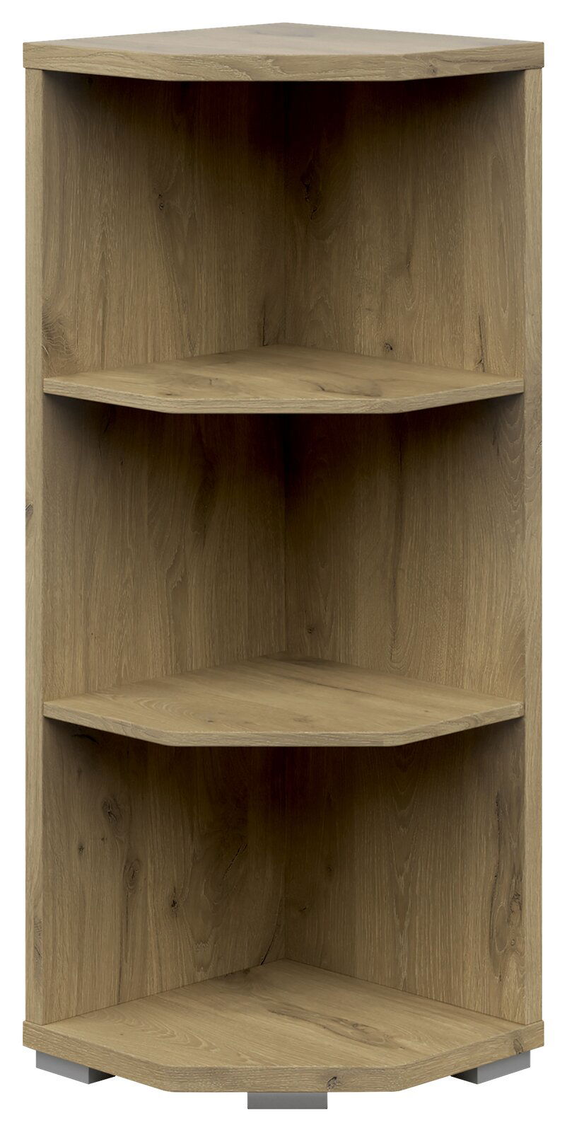 Eckregal aus Holz mit drei Ebenen, frontale Ansicht