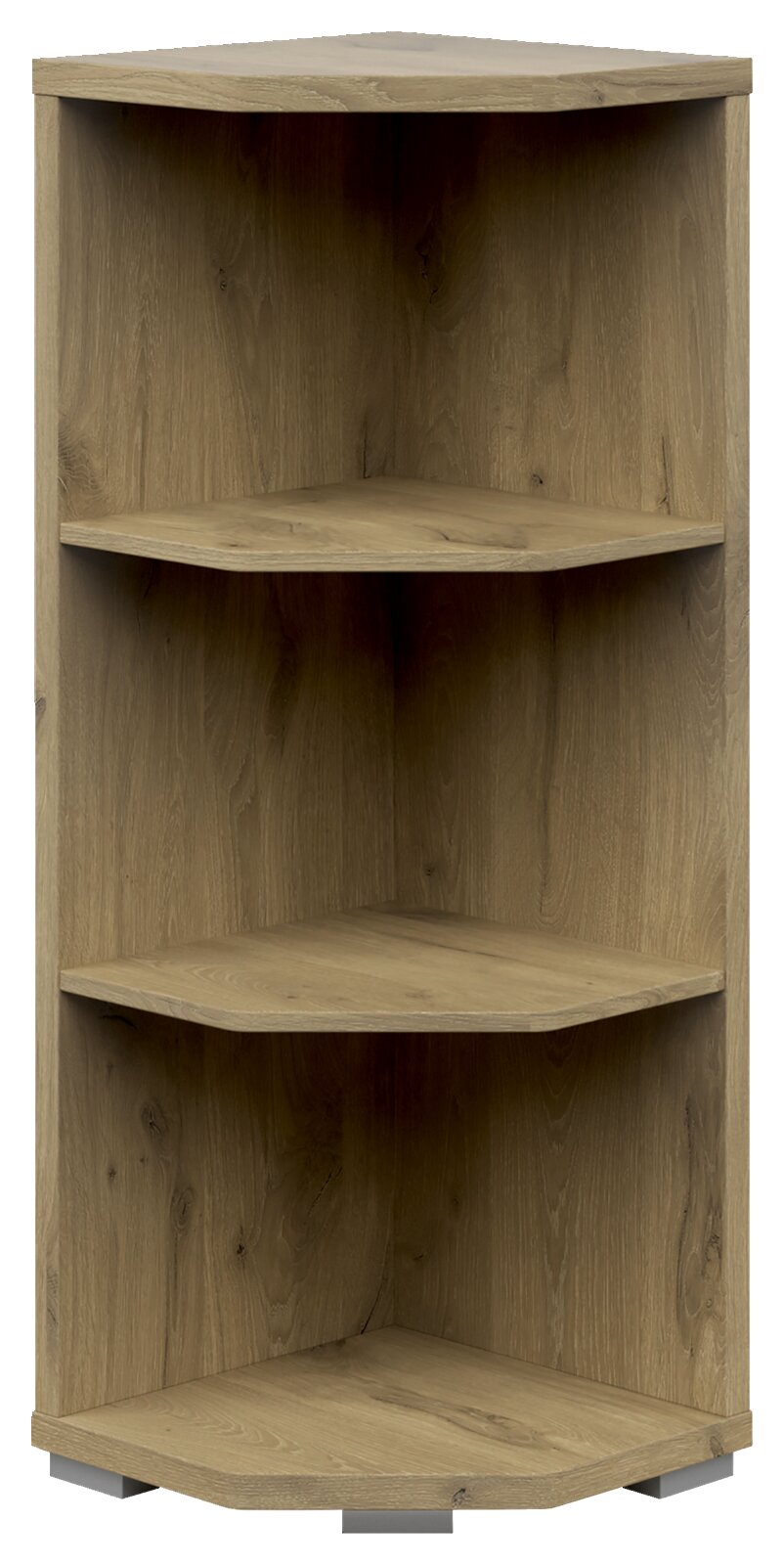 Eckregal aus Holz mit drei Ebenen, frontale Ansicht