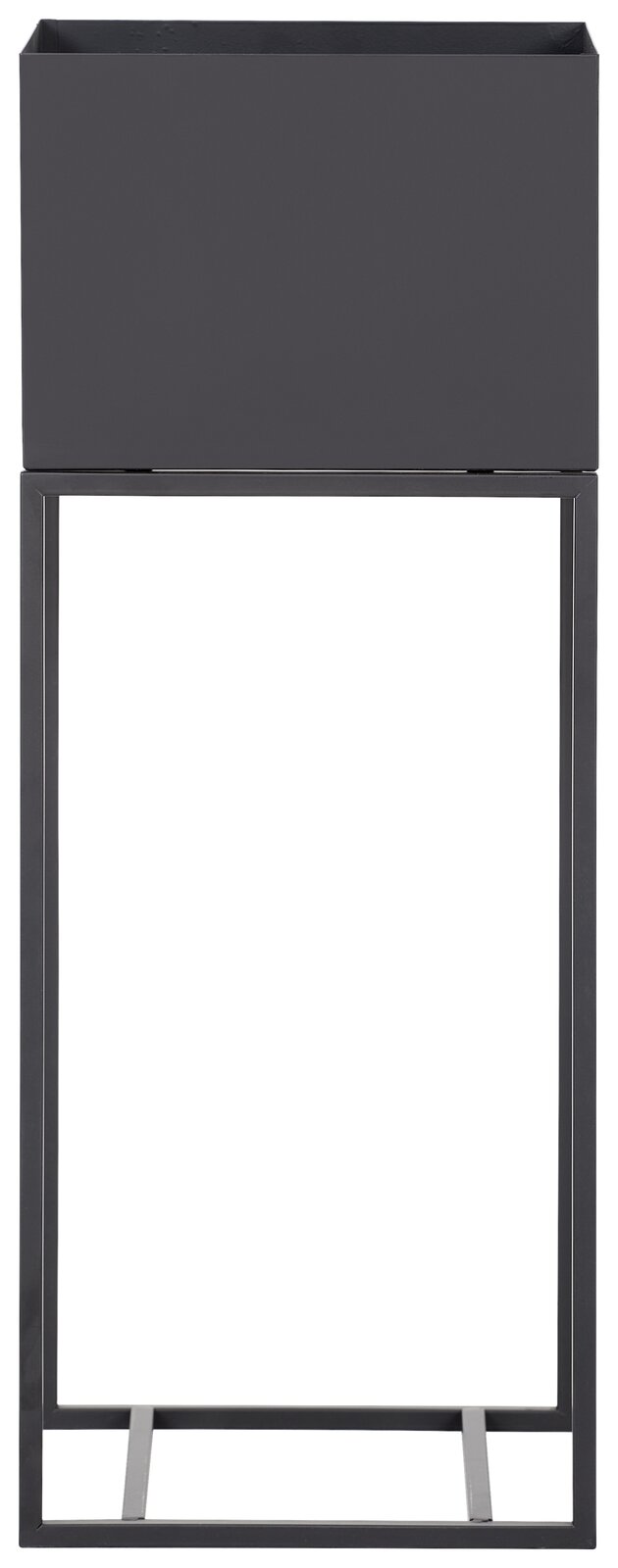 Schwarze Blumensäule aus Metall, frontal fotografiert