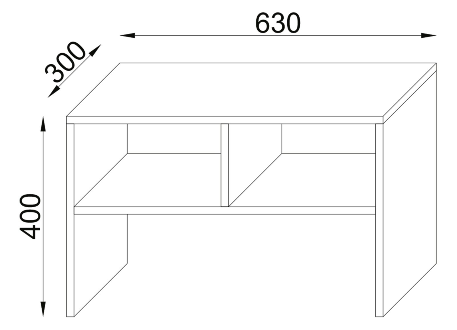 Technische Strichzeichnung eines kleinen Regals/Beistelltischs mit zwei offenen Fächern, Maße 630 x 300 x 400 mm, dargestellt in schräger Frontansicht (perspektivisch).