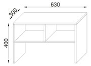 Technische Strichzeichnung eines kleinen Regals/Beistelltischs mit zwei offenen Fächern, Maße 630 x 300 x 400 mm, dargestellt in schräger Frontansicht (perspektivisch).