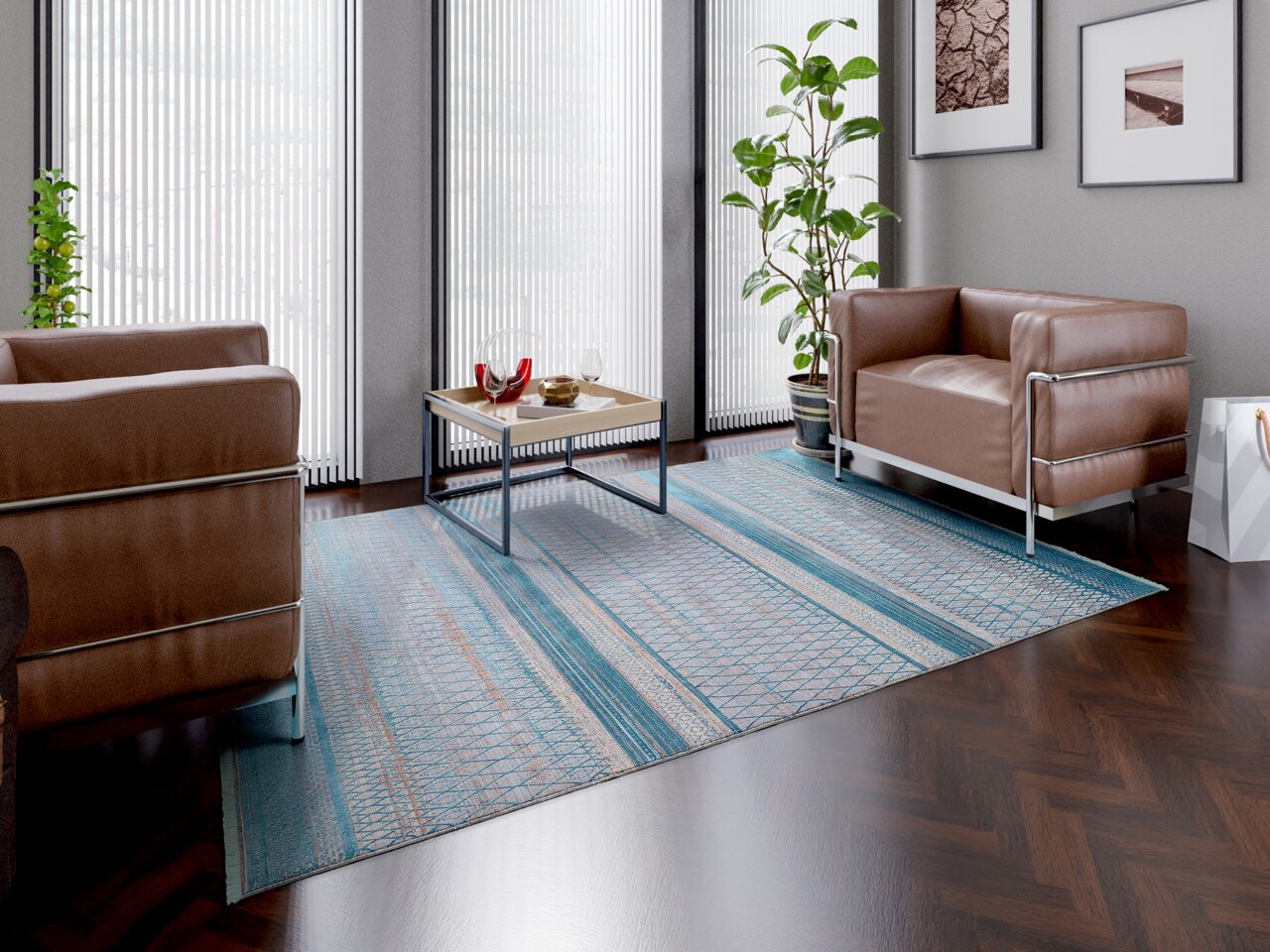 OCI Designer Teppich FARBEN MASTER Moderner Designer Teppich in einem stilvollen Wohnzimmer mit braunen Ledersesseln und einem Couchtisch, aus der Perspektive von oben betrachtet.