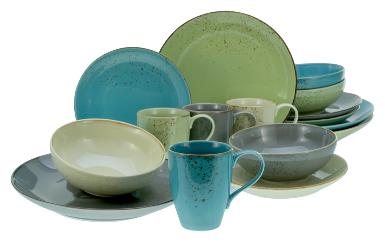 Creatable Kombiservice 16-tlg. NATURE COLLECTION Kombiservice 16-tlg. Nature sc in verschiedenen Farben, bestehend aus Tellern, Schalen und Tassen, aus einer leicht erhöhten Perspektive fotografiert.