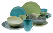 Kombiservice 16-tlg. Nature sc in verschiedenen Farben, bestehend aus Tellern, Schalen und Tassen, aus einer leicht erhöhten Perspektive fotografiert.