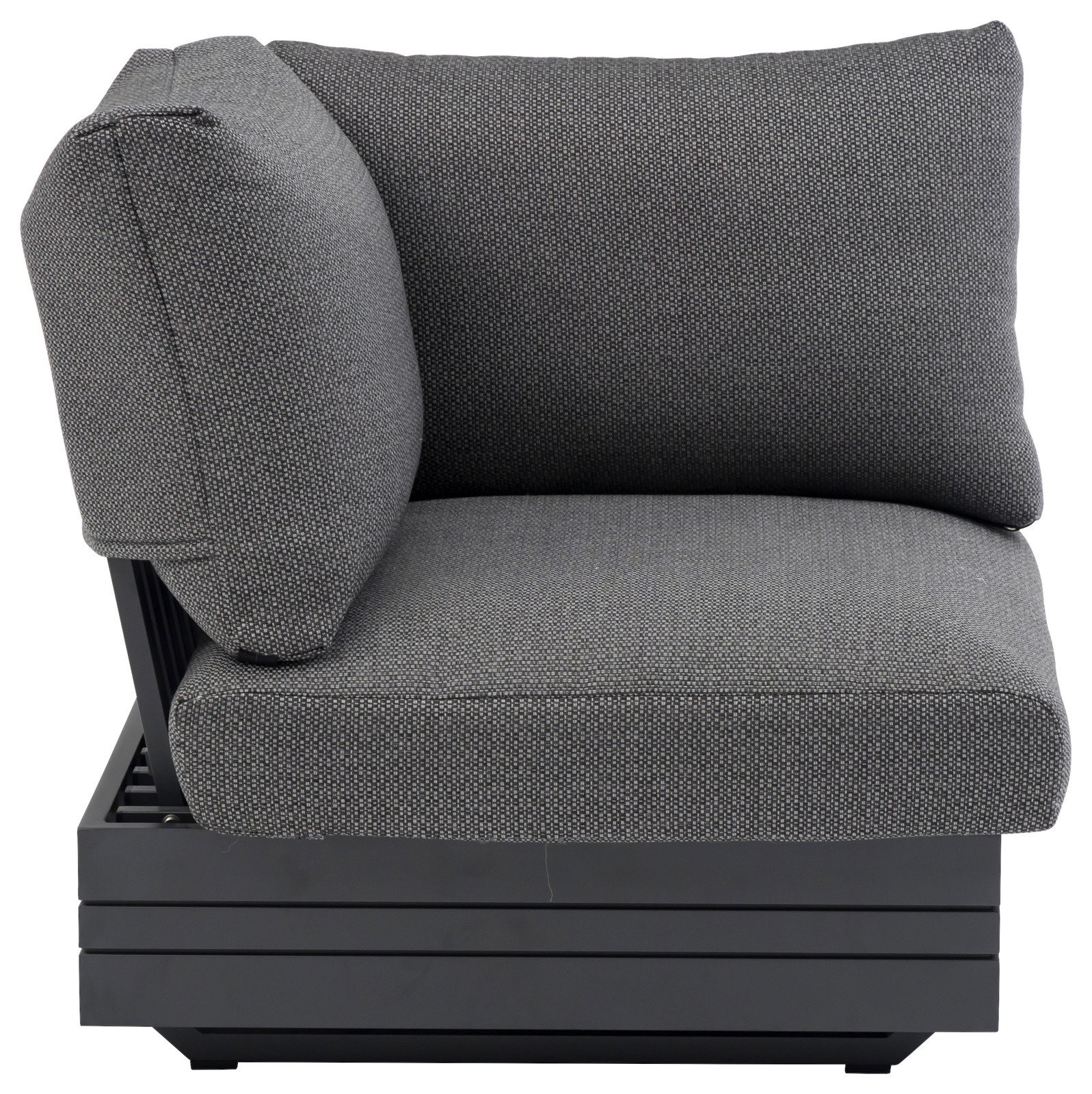 Graues Lounge Eckelement mit gepolsterten Kissen, seitliche Perspektive