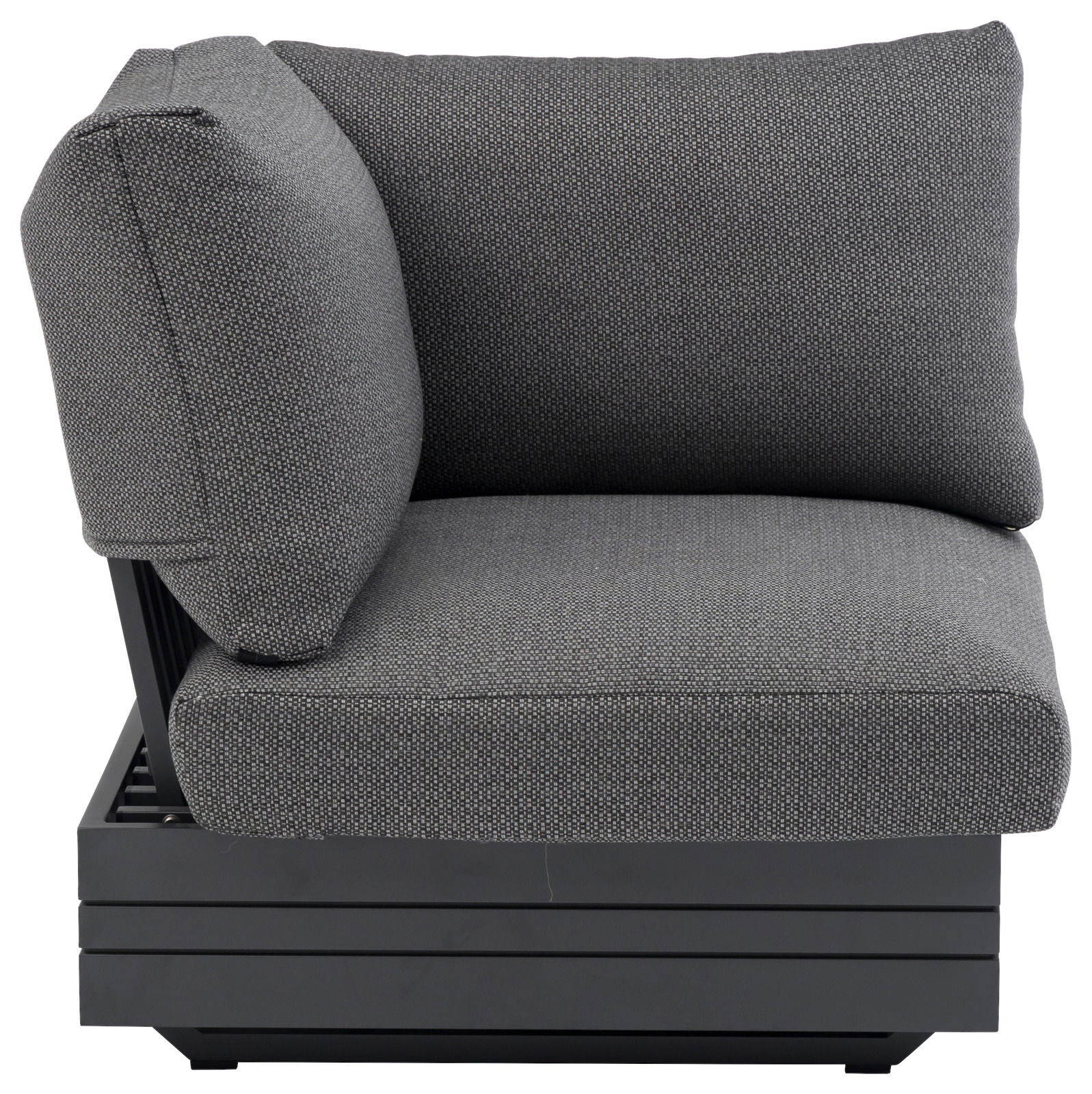 Graues Lounge Eckelement mit gepolsterten Kissen, seitliche Perspektive