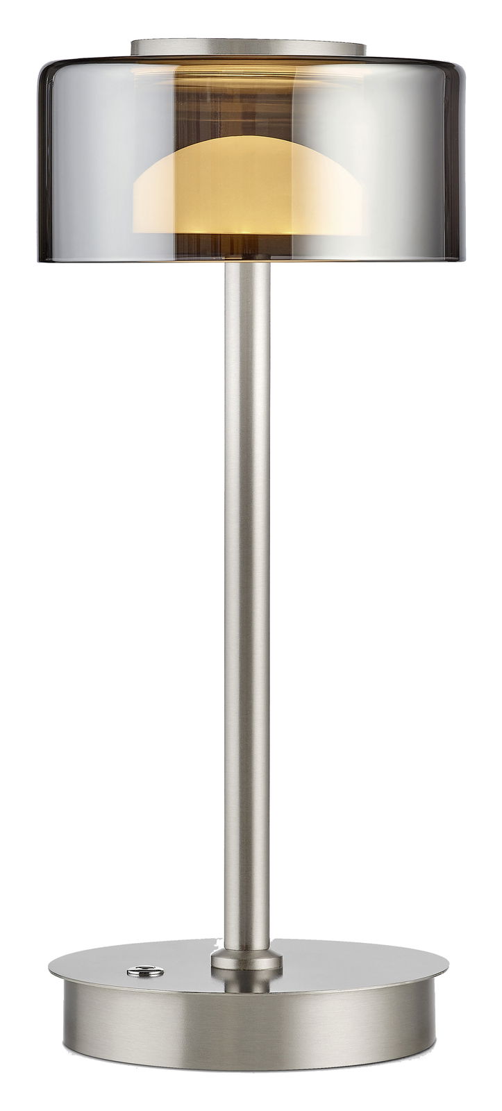 Moderne LED-Tischleuchte mit zylindrischem, rauchgrauem Glasschirm und gebürstetem Metallfuß, frontal abgebildet.