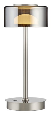 Moderne led-tafellamp met een cilindervormige, rookgrijze glazen kap en een voet van geborsteld metaal, afgebeeld van voren.