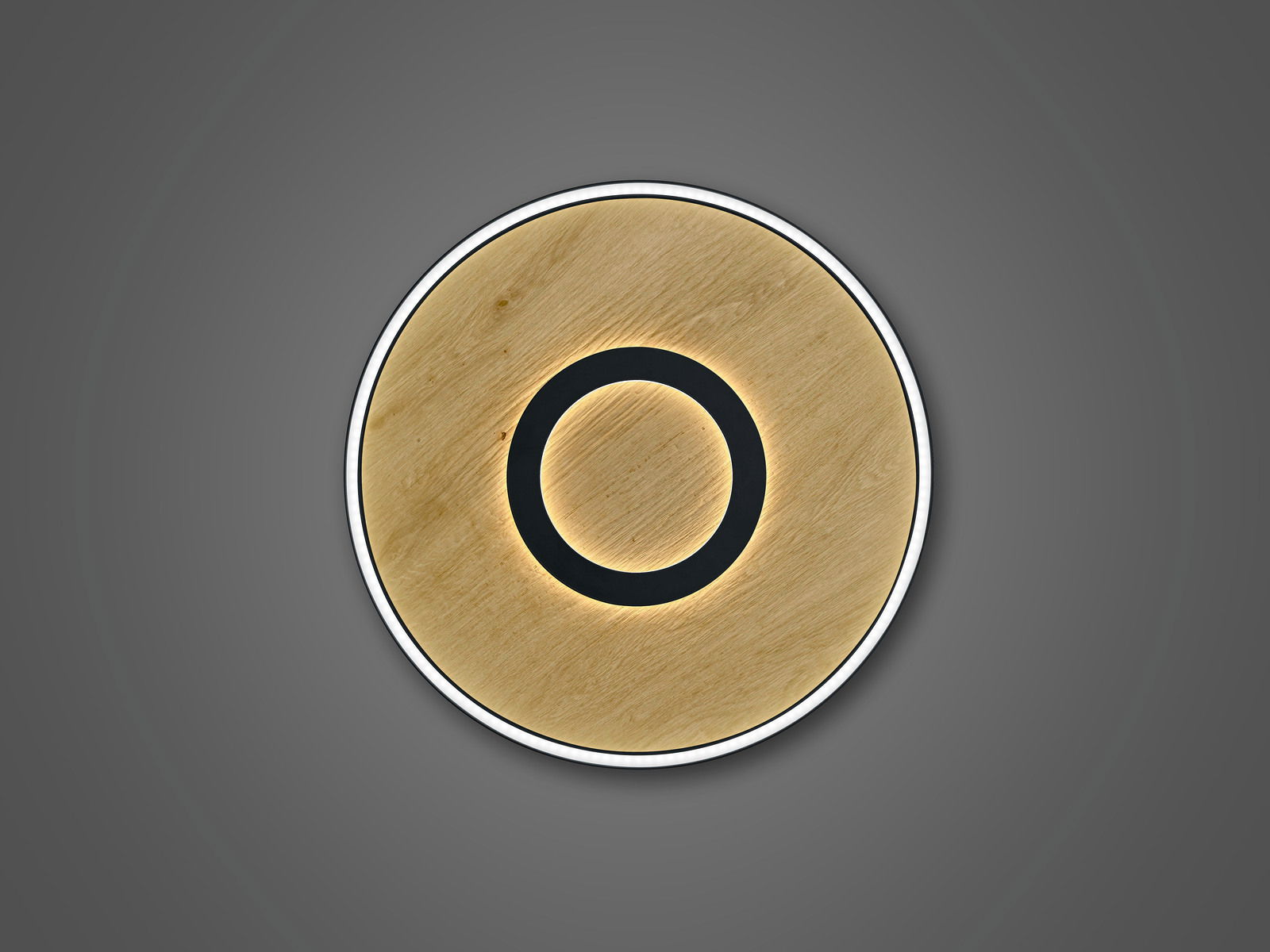 Runde LED-Deckenleuchte aus Holz mit schwarzem Ring, Ansicht von unten