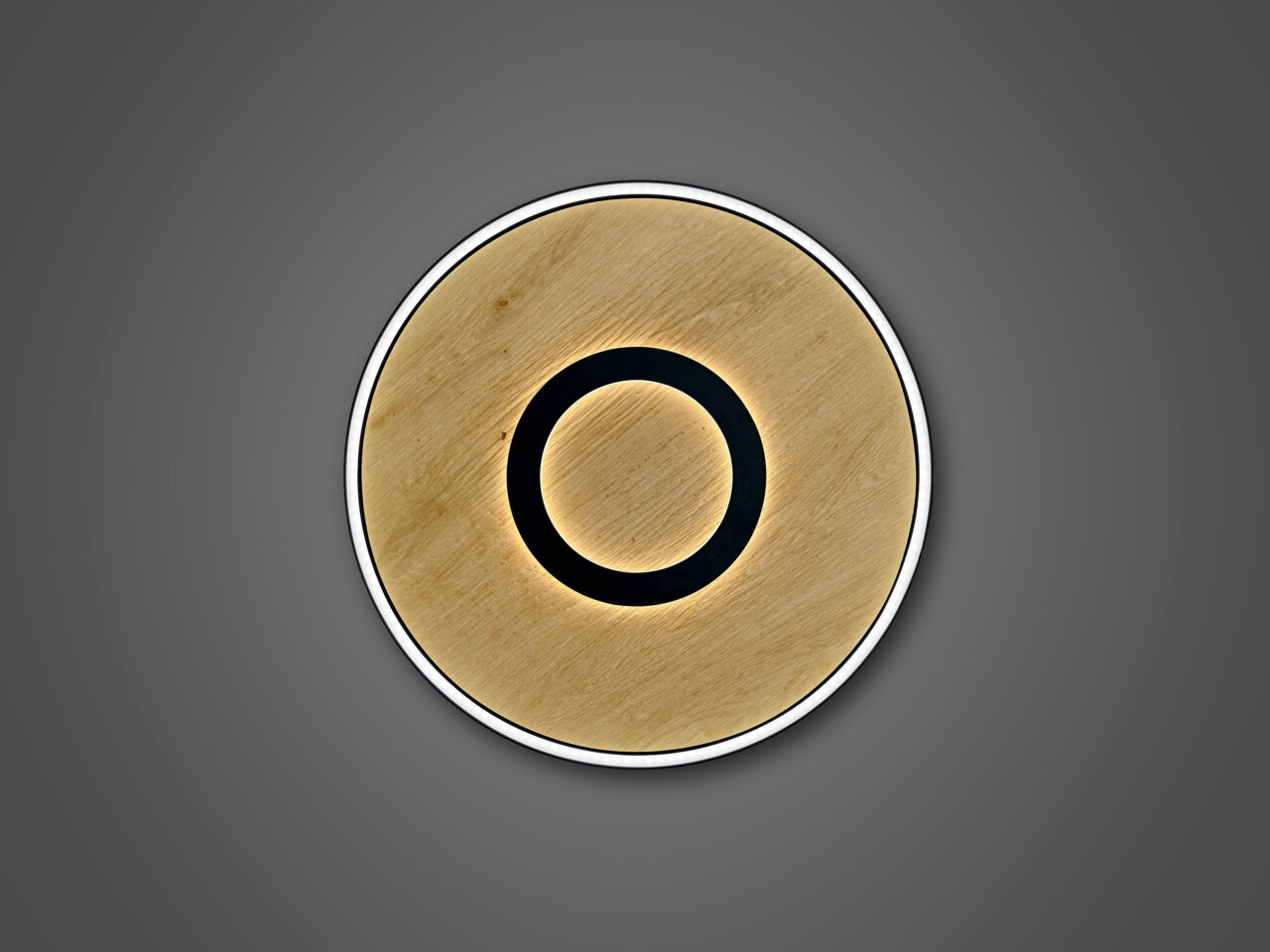 Runde LED-Deckenleuchte aus Holz mit schwarzem Ring, Ansicht von unten
