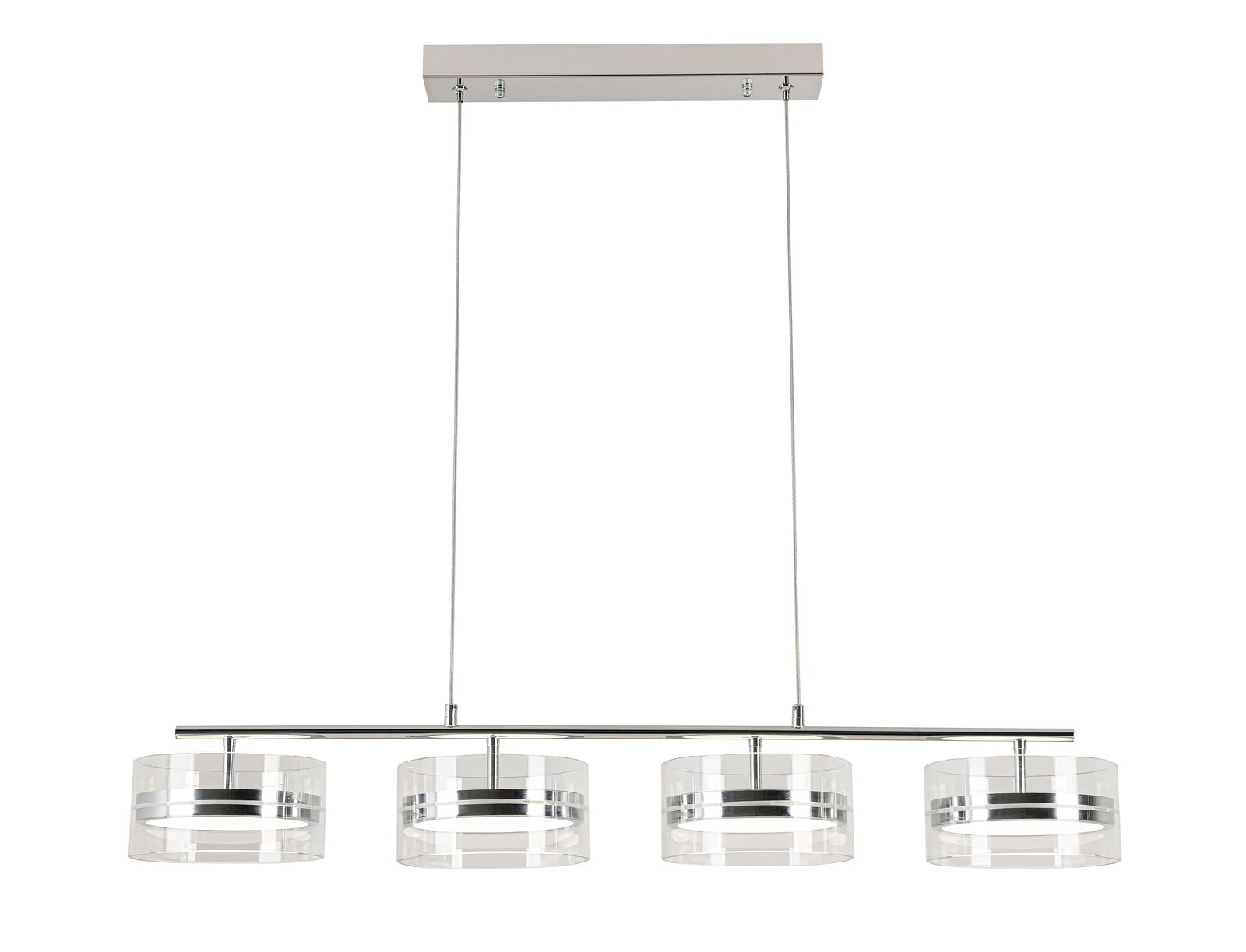 Moderne LED-Hängeleuchte mit vier zylindrischen Lampenschirmen aus Glas, seitliche Perspektive