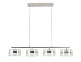 Moderne LED-Hängeleuchte mit vier zylindrischen Lampenschirmen aus Glas, seitliche Perspektive
