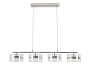 Moderne LED-Hängeleuchte mit vier zylindrischen Lampenschirmen aus Glas, seitliche Perspektive