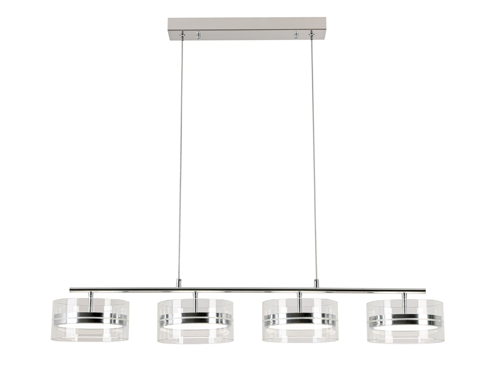 Moderne LED-Hängeleuchte mit vier zylindrischen Lampenschirmen aus Glas, seitliche Perspektive