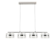 Moderne LED-Hängeleuchte mit vier zylindrischen Lampenschirmen aus Glas, seitliche Perspektive