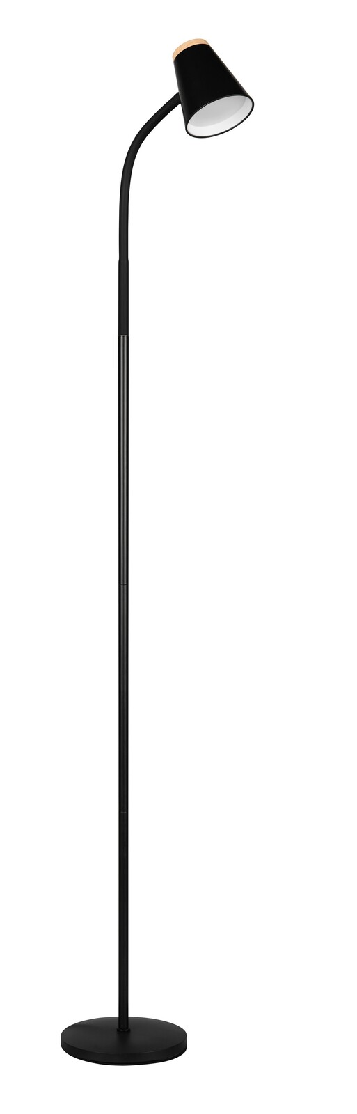 Schwarze Stehleuchte mit gebogenem Hals und konischem Lampenschirm, seitliche Perspektive