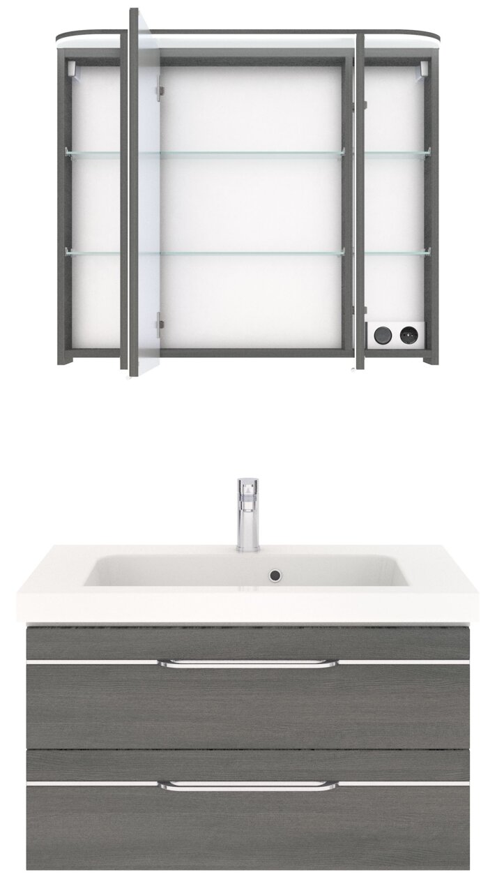 Badezimmermöbel-Set bestehend aus einem Spiegelschrank mit offenen Türen und einem Waschbeckenunterschrank mit zwei Schubladen, Frontalansicht