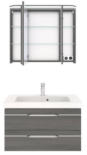 Badezimmermöbel-Set bestehend aus einem Spiegelschrank mit offenen Türen und einem Waschbeckenunterschrank mit zwei Schubladen, Frontalansicht