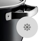 Nahaufnahme eines schwarzen Woks mit silbernem Griff und einem Schneeflockensymbol, das auf die Eignung für niedrige Temperaturen hinweist.