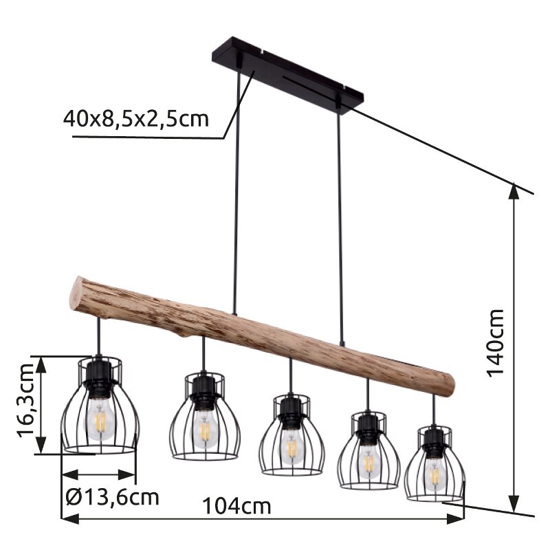 Hanglamp met vijf kooilampen aan een rustieke houten staaf, zijaanzicht