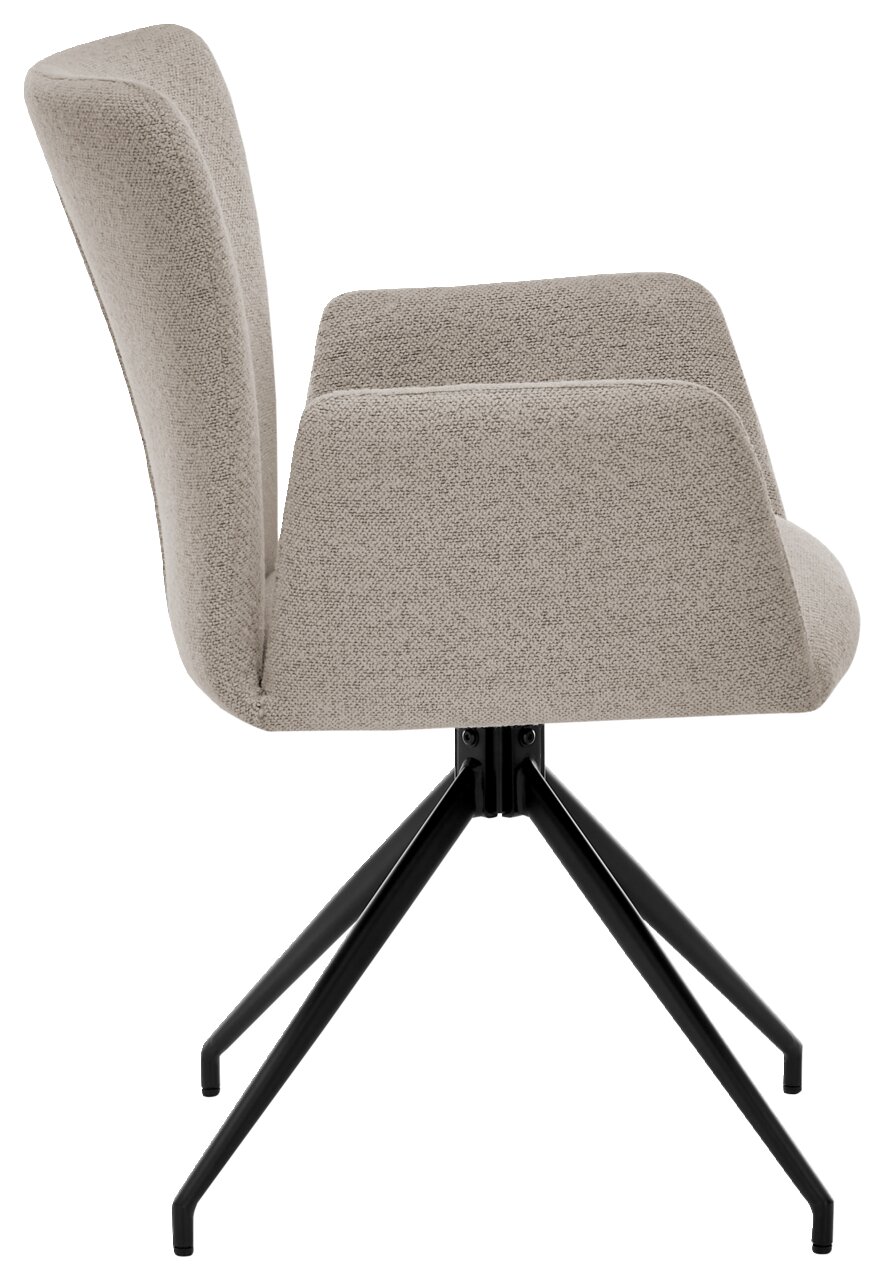 Seitenansicht eines modernen Armlehnstuhls mit hellgrauem Stoffbezug und schwarzem Metallgestell.