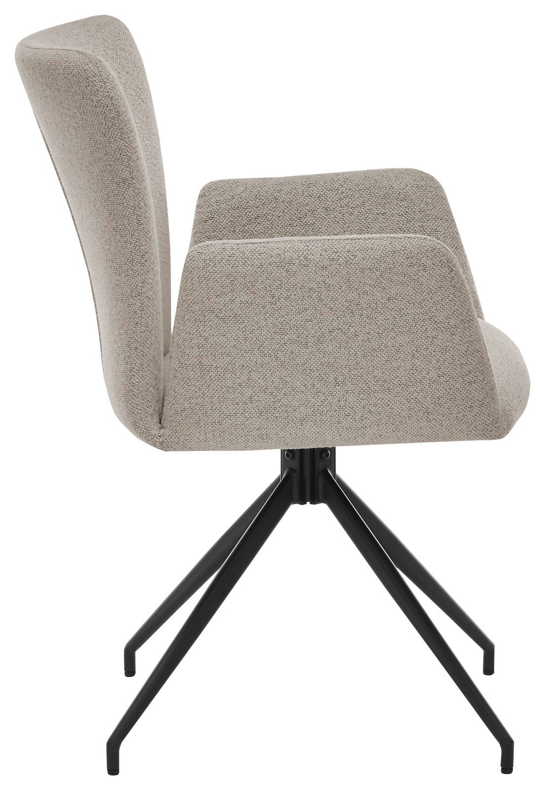 Seitenansicht eines modernen Armlehnstuhls mit hellgrauem Stoffbezug und schwarzem Metallgestell.