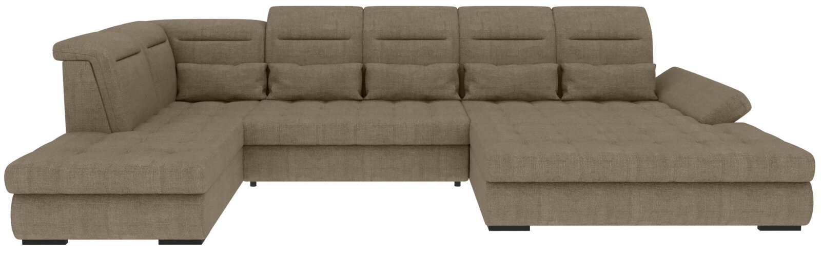 Beiges U-förmiges Wohnlandschaft-Ecksofa mit Stoffbezug, breiten Ottomane-Elementen links und rechts sowie verstellbaren Kopfstützen, Frontansicht