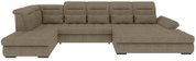 Beiges U-förmiges Wohnlandschaft-Ecksofa mit Stoffbezug, breiten Ottomane-Elementen links und rechts sowie verstellbaren Kopfstützen, Frontansicht