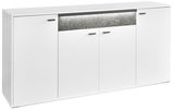 Weißes Sideboard mit vier Türen und grauem Akzent, frontale Perspektive