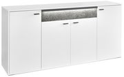 Weißes Sideboard mit vier Türen und grauem Akzent, frontale Perspektive