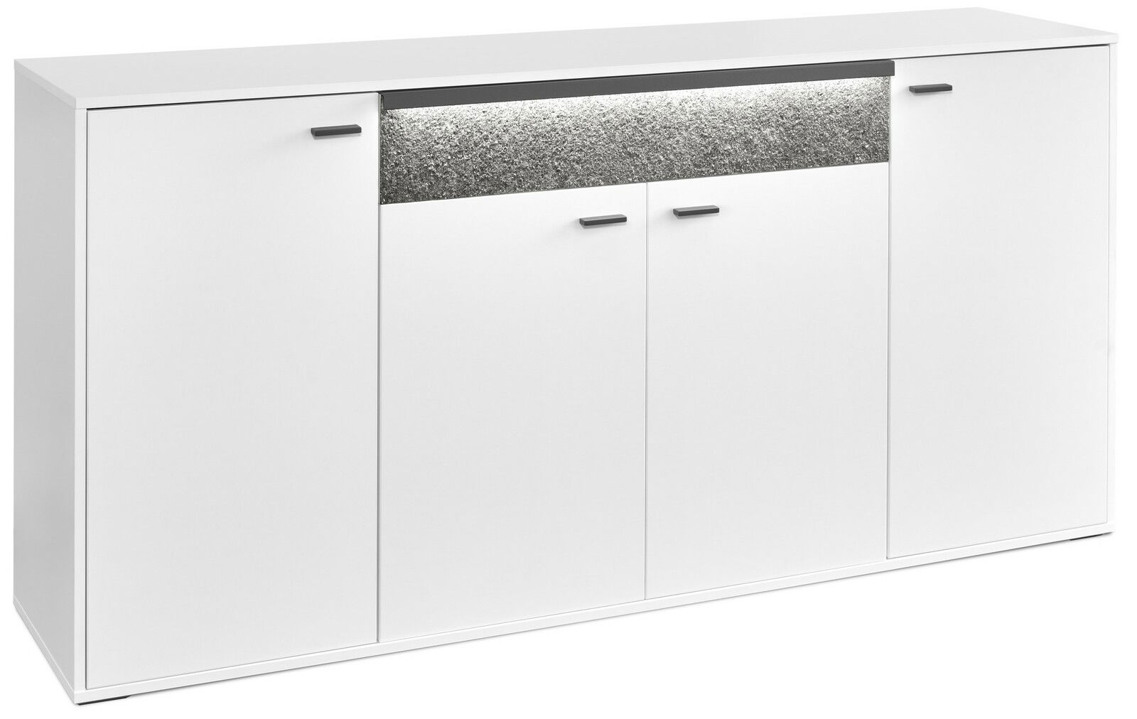Weißes Sideboard mit vier Türen und grauem Akzent, frontale Perspektive