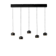 Moderne hanglamp met vijf zwarte, bolvormige lampenkappen, die aan dunne kabels aan een rechthoekige plafondbevestiging hangen. Zijaanzicht.