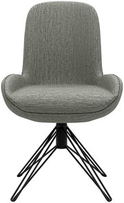 Moderner grauer Stuhl mit gepolsterter Sitzfläche und schwarzem Metallgestell, Frontalansicht.