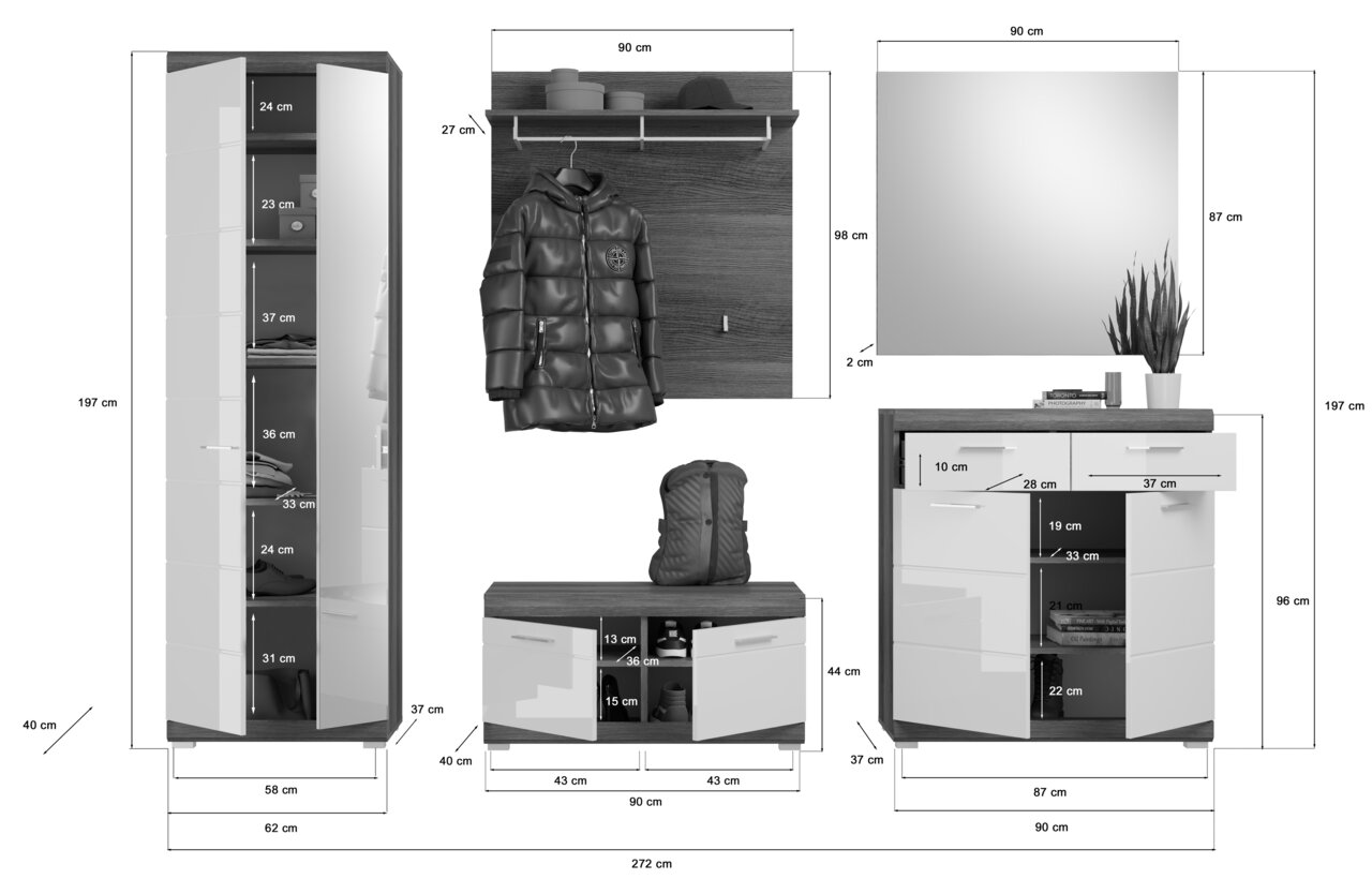 Garderoben-Set 5-teilig in Frontalansicht mit Schrank, Spiegel, Wandpaneel, Sitzbank und Kommode, alle in modernem Design mit weißen Fronten und dunklen Holzdetails.