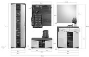 Garderoben-Set 5-teilig in Frontalansicht mit Schrank, Spiegel, Wandpaneel, Sitzbank und Kommode, alle in modernem Design mit weißen Fronten und dunklen Holzdetails.