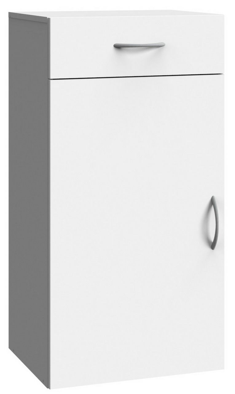 Weißer Schuhschrank mit einer Schublade und einer Tür, seitliche Perspektive
