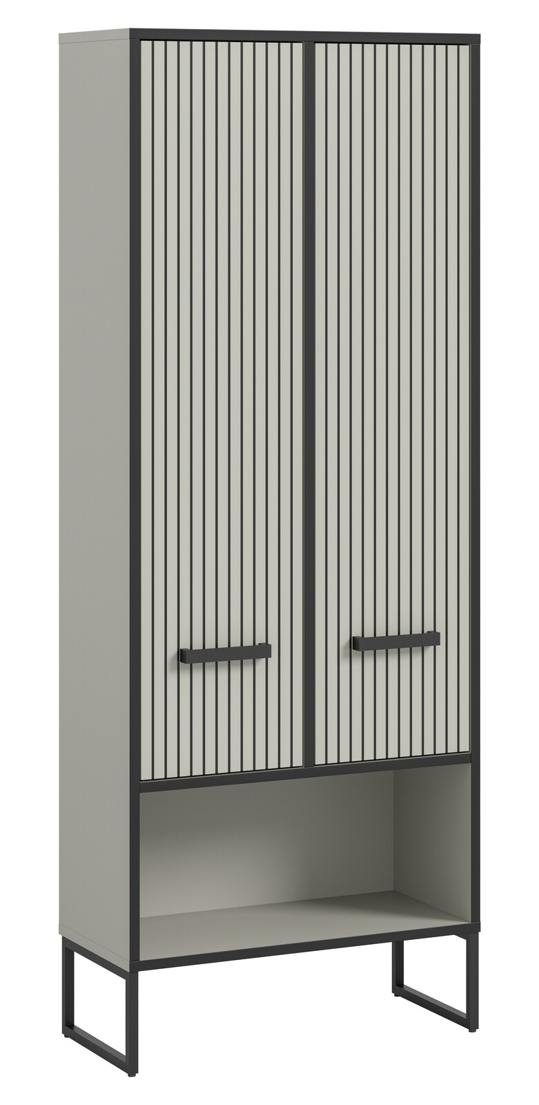 MID.YOU Hochschrank BAGNO Moderner Hochschrank mit vertikalen Streifen auf den Türen, in einer schrägen Perspektive von vorne gezeigt.