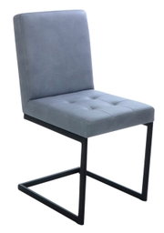 Moderner Freischwinger-Stuhl mit grauem Polster und schwarzem Metallgestell, seitliche Perspektive