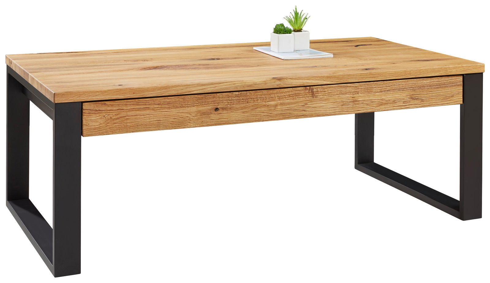 Moderner Couchtisch mit Holzplatte und schwarzen Metallbeinen, seitliche Perspektive