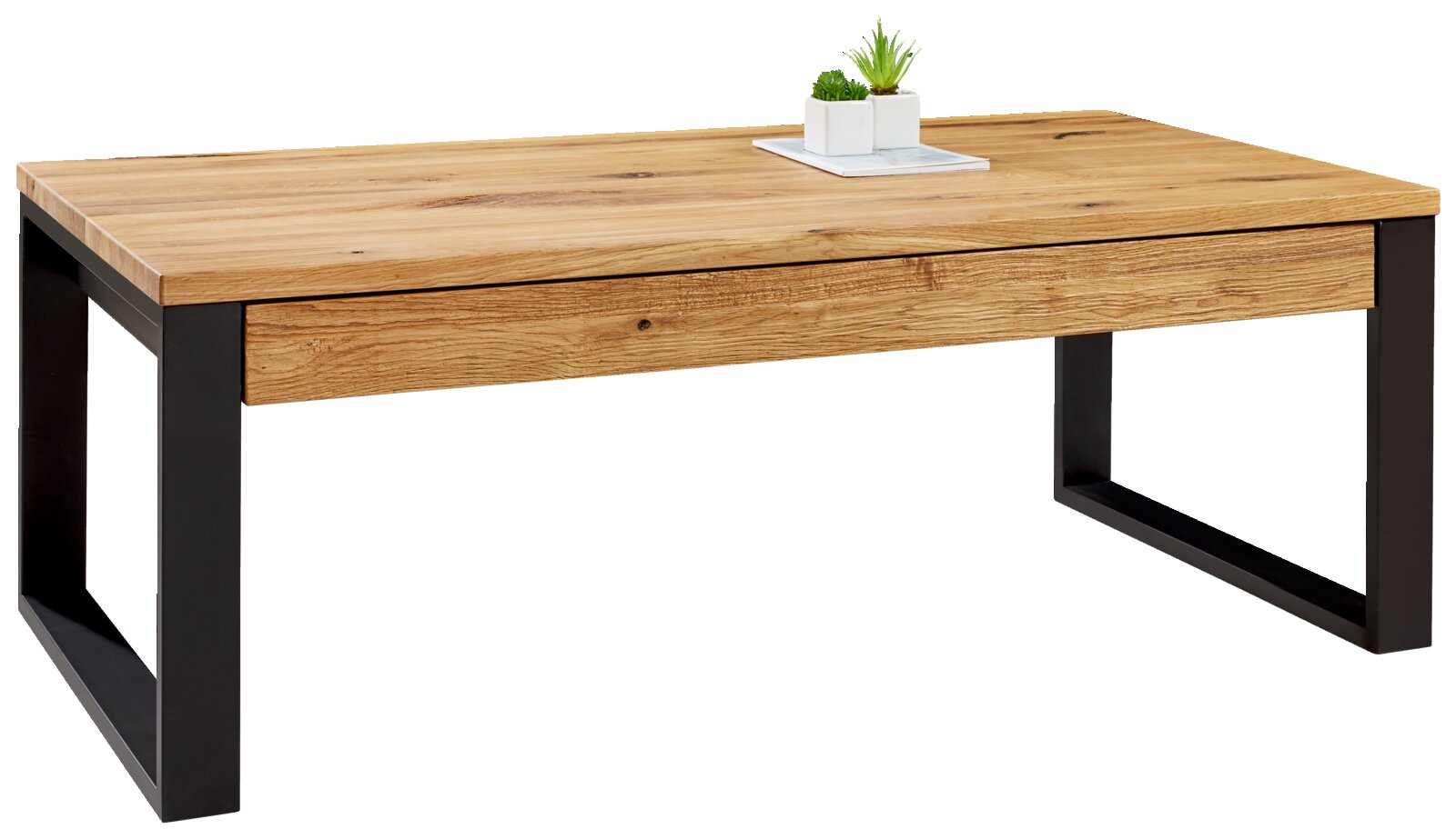 Moderner Couchtisch mit Holzplatte und schwarzen Metallbeinen, seitliche Perspektive