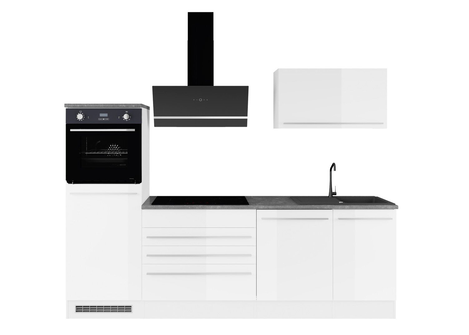 Yourkitchen Küchenblock 260 PREMIUM JAZZ Moderne weiße Einbauküchenzeile mit grauer Arbeitsplatte, schwarzem Backofen, schwarzer Dunstabzugshaube, Kochfeld und Spüle mit schwarzer Armatur, Frontansicht.