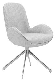 Moderner Armlehnstuhl mit hellgrauem Stoffbezug und Metallgestell, seitliche Perspektive