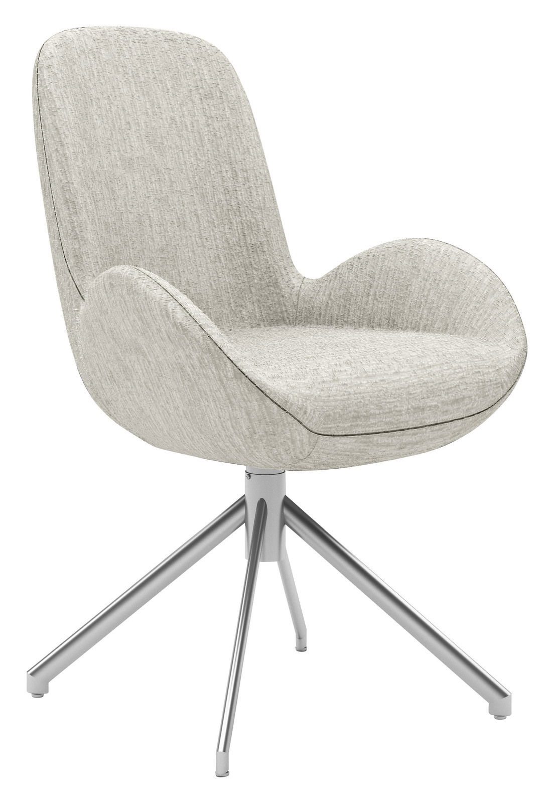 Moderner Armlehnstuhl mit hellgrauem Stoffbezug und Metallgestell, seitliche Perspektive