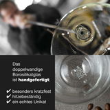 Handgefertigtes doppelwandiges Borosilikatglas, besonders kratzfest und hitzebeständig, aus der Vogelperspektive.